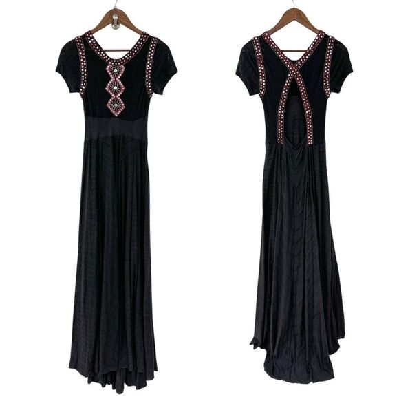 Free People Black Maxi Dress Lace Beaded Open Back Extra Small - Picture 1 of 12